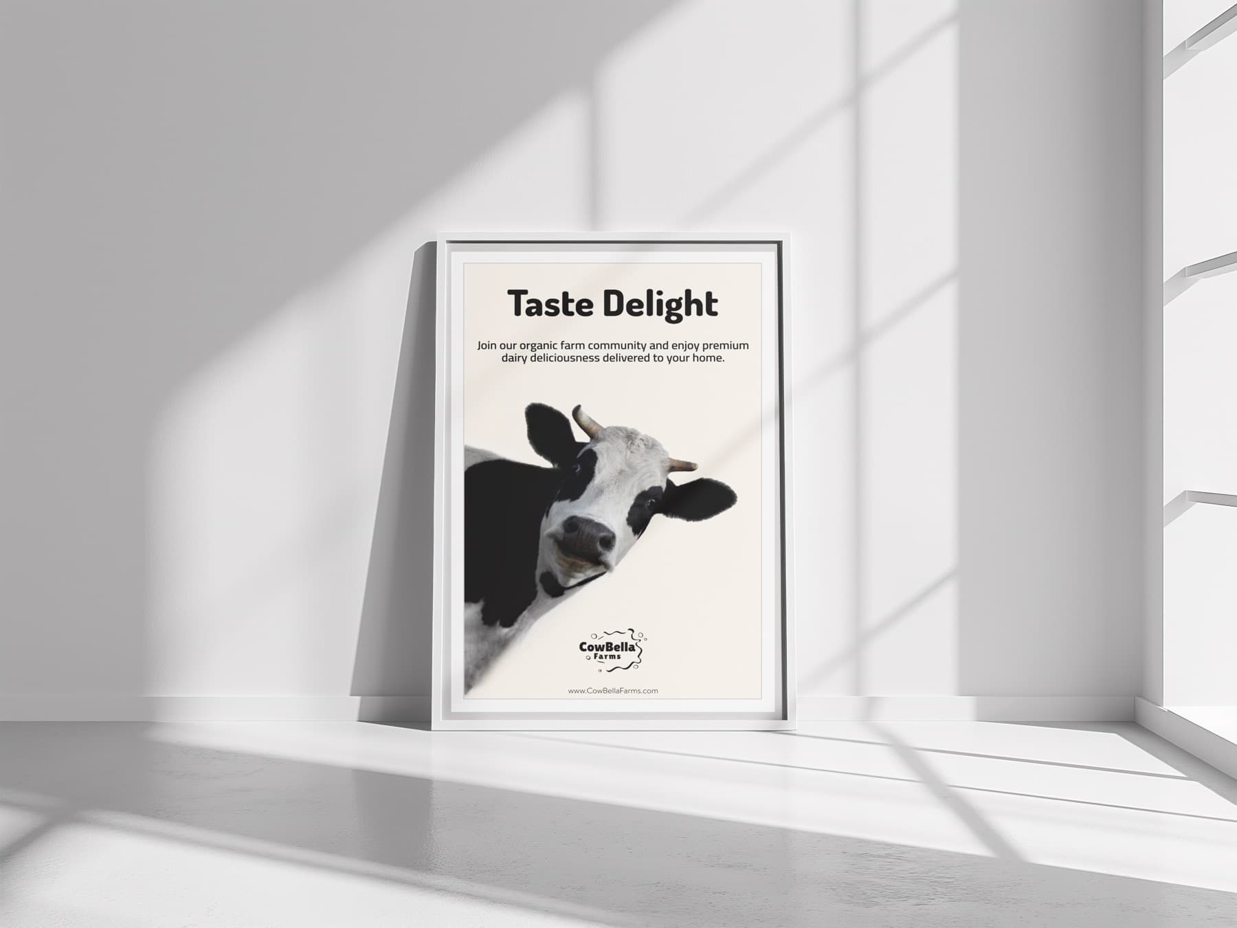 Cowbella Farms campaign poster in a sunlit room